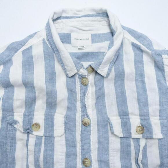 American Eagle Outfitters Cropped Shirt Women XL Blue Striped Collared Button-Up - Picture 2 of 7